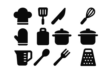 Vector illustration icons depicting essential kitchen tools and utensils for cooking and food preparation