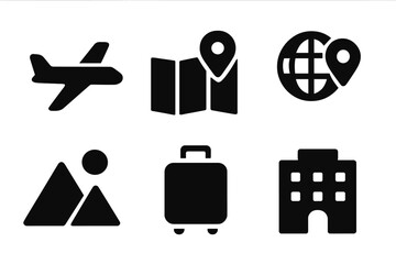 Vector illustration icons depicting travel essentials including an airplane, map, globe, mountains, suitcase, and hotel