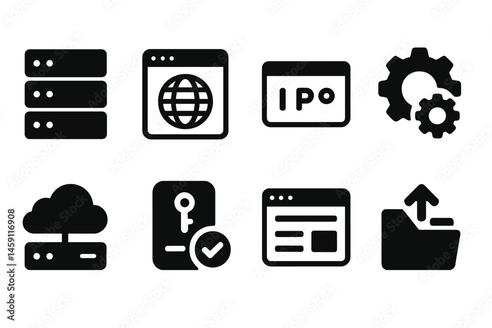 Poster various vector illustration icons representing technology and digital services for web and data mana