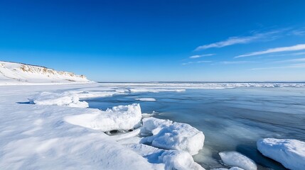 Stunning winter seascape featuring a snow-covered coastline, ice floes, and a clear blue sky, offering a serene and tranquil atmosphere. : Generative AI