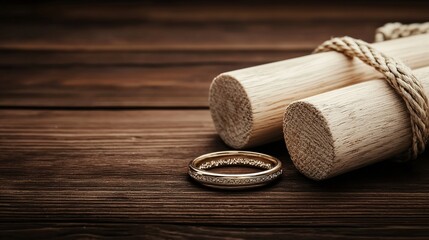 Golden ring rests between wooden poles on rustic surface.