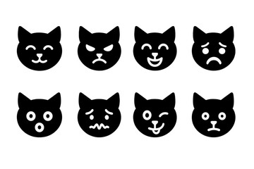 Various cat facial expressions represented as vector illustration icons in black and white design for digital use
