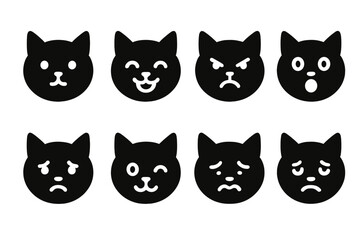 Collection of vector illustration icons depicting various cat facial expressions showcasing emotions and moods