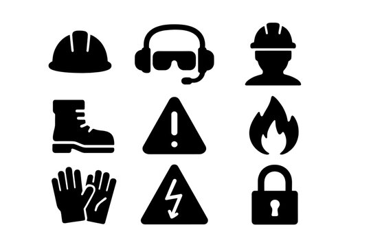 Safety icons for workplace hazards, equipment, and protective gear in a professional setting