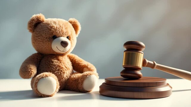 Ideas on Children and Family Law. A teddy bear holding a gavel on a courtroom desk.