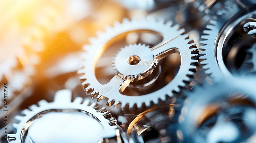 Poster Close-up of intricate metallic gears intermeshing, showcasing precision engineering and complex mechanism design.  The image highlights the detailed craftsmanship and functionality of  : Generative AI