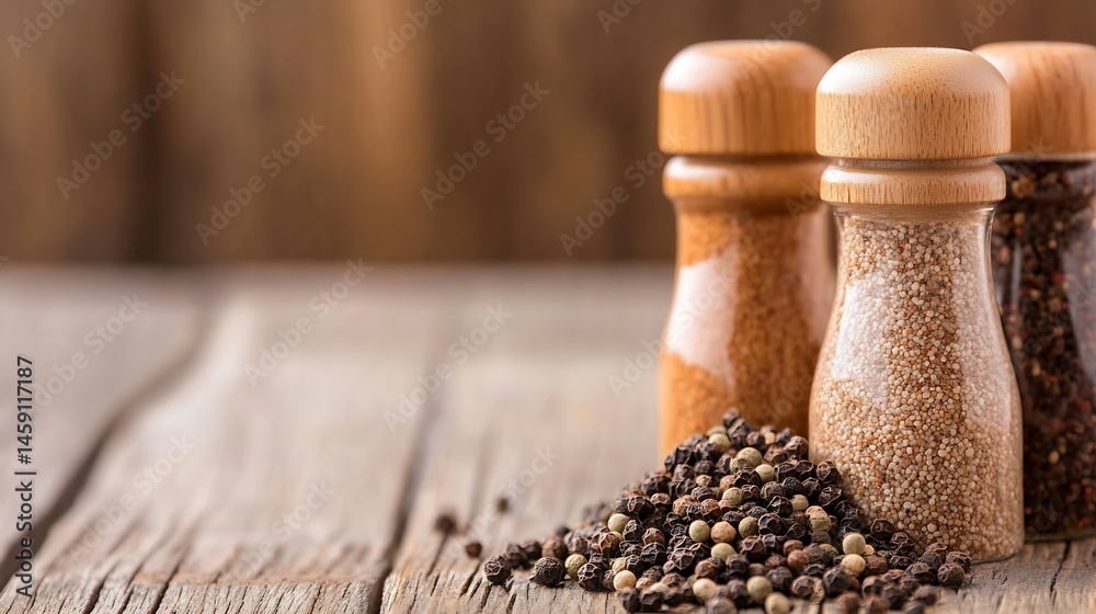 Poster a close-up shot of peppercorns spilling from a glass jar with a wooden lid, alongside other spice ja