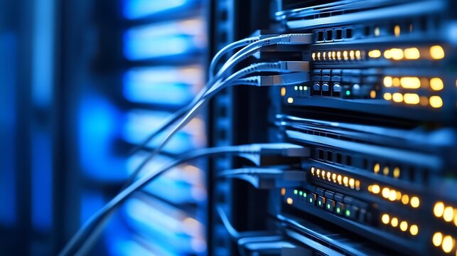 Close-up view of network server rack with glowing lights and fiber optic cables connected, showcasing modern data center technology. : Generative AI