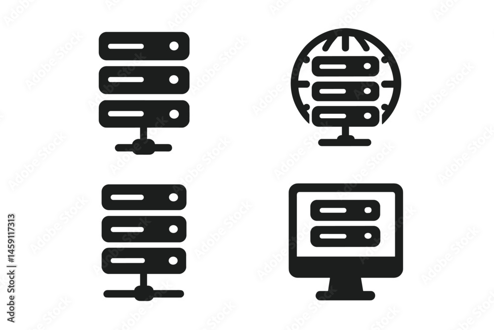 Poster vector illustration icon set featuring server racks and computer monitor with globe representing dat