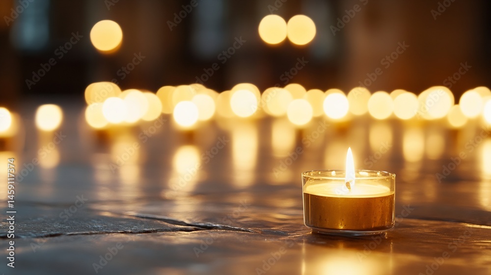 Poster a single, lit tea light candle rests on a dark wooden surface, surrounded by a bokeh of warm, golden