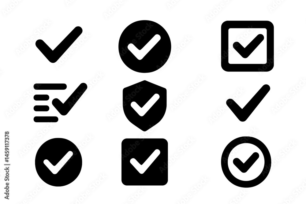 Poster vector illustration of various check mark icons in different styles representing approval and comple