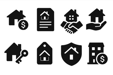 Vector illustration icons representing real estate transactions, including homes, agreements, and protection symbols for property buyers and sellers