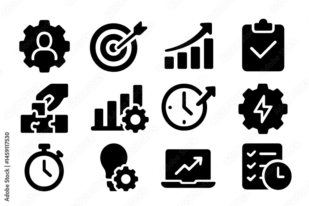 Poster vector icon collection representing business concepts and productivity in a modern workspace environ
