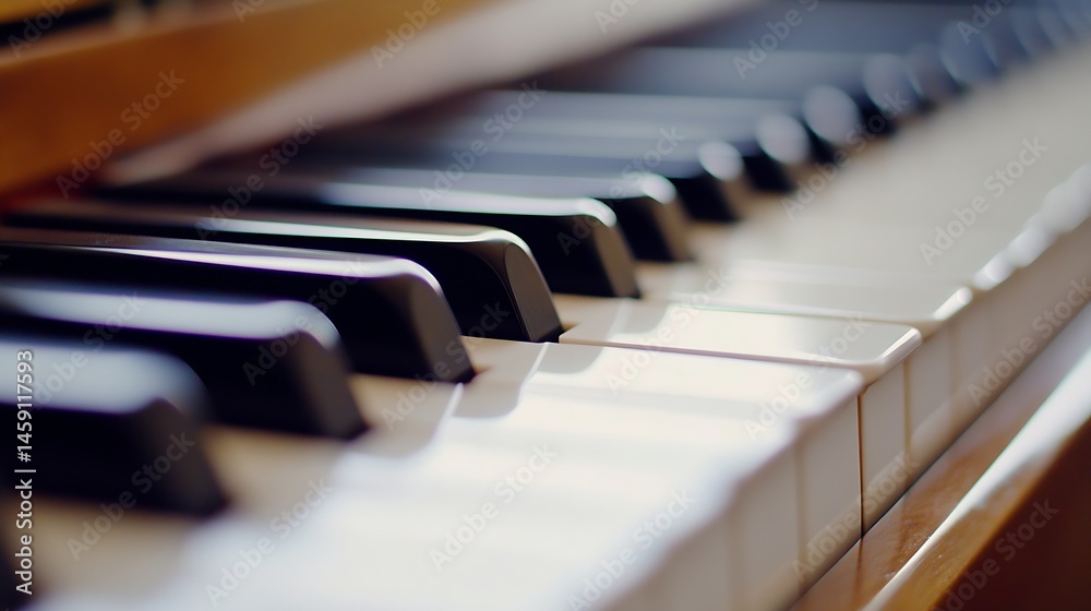 Aufkleber close-up view of a piano keyboard, showcasing the glossy black and white keys, with a shallow depth 