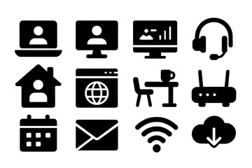 Vector illustration icons representing various aspects of remote work and digital communication in a modern office environment