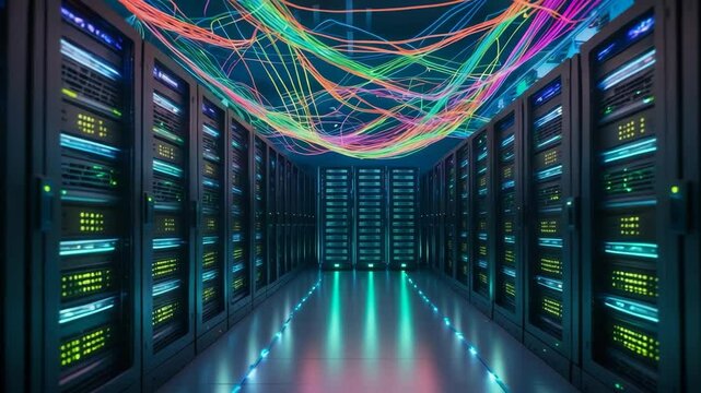 A state-of-the-art server room featuring fiber optic connections and modern electronic equipment highlighting advanced network technology and infrastructure