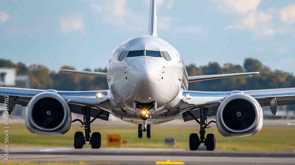 Poster Close-up view of a modern passenger airplane's front landing gear during landing, showcasing its sleek design and powerful engines against a blurred background of runway and sky. : Generative AI