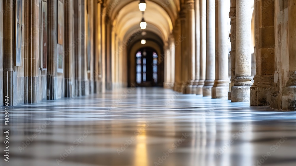 Poster a long, perspective view of a marble-floored colonnade, featuring classical columns and arched ceili