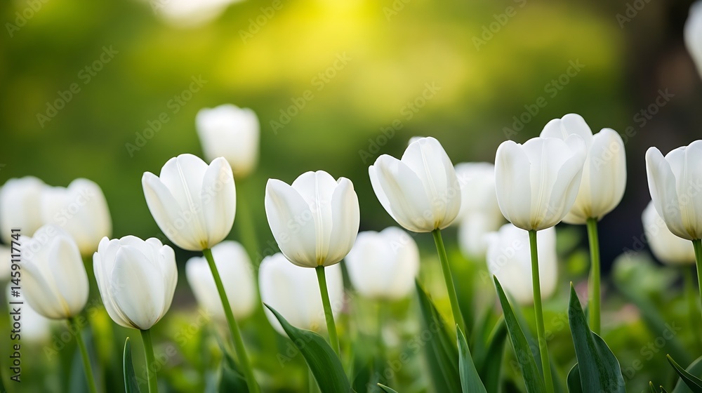 Poster close-up view of several white tulips blooming in a lush green garden, bathed in soft sunlight. the 