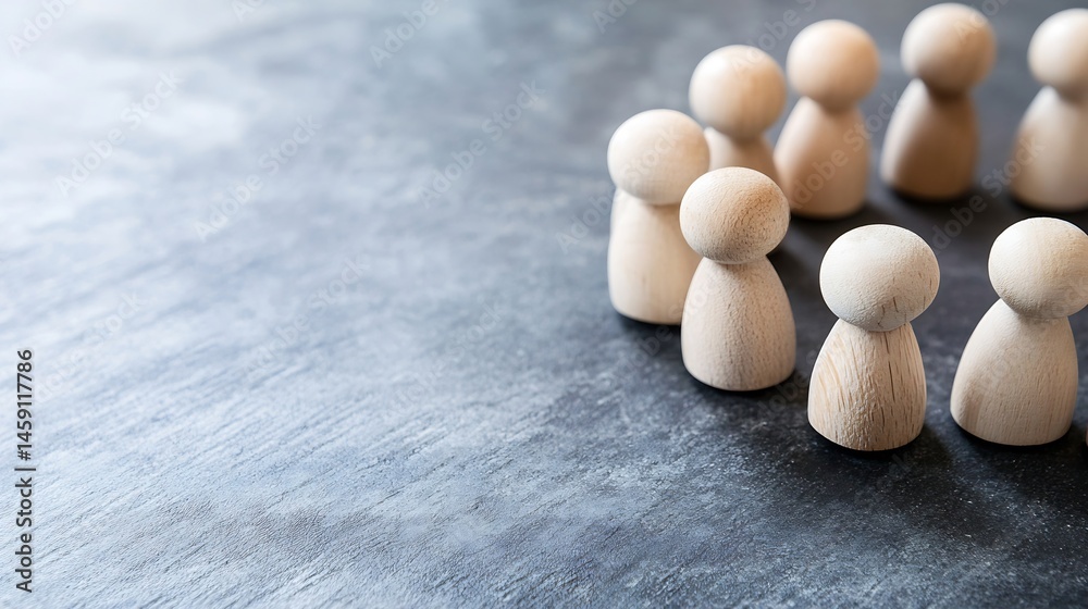 Aufkleber wooden figurines arranged in a circle on a dark gray textured surface, representing a team or commun