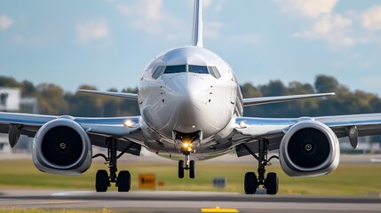 Naklejka premium Close-up view of a modern passenger airplane's front landing gear during landing, showcasing its sleek design and powerful engines against a blurred background of runway and sky. : Generative AI