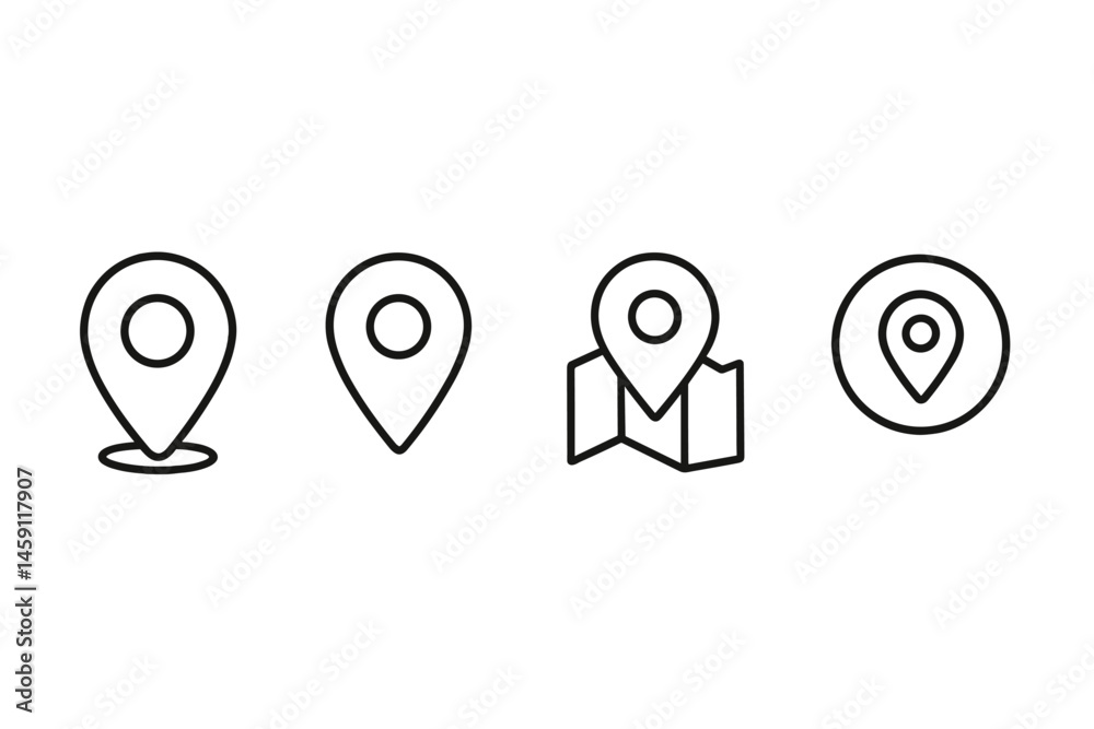 Poster various vector icons representing location markers and map symbols in a simple black and white desig