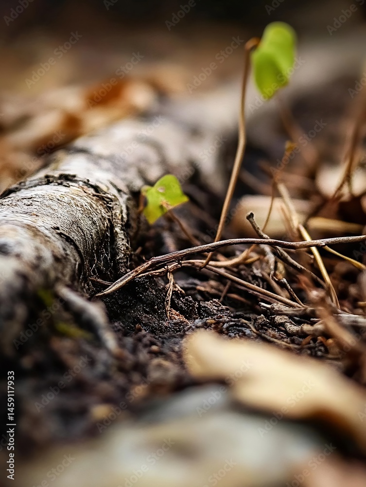 Poster close-up view of a decaying log in the forest, with small green plants sprouting from the soil nearb