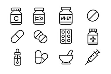 Vector illustration icons of various health supplements, vitamins, and medical supplies representing wellness and nutrition