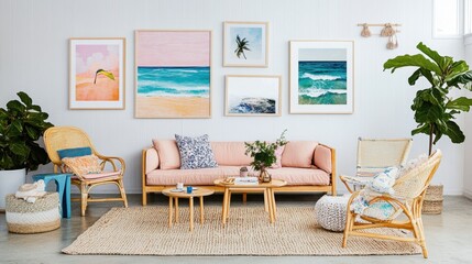 Soft-toned living room with grouped pastel artworks in mismatched but balanced frames
