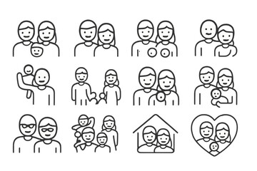 Family and friendship vector icons depicting various relationships and activities in a modern design style