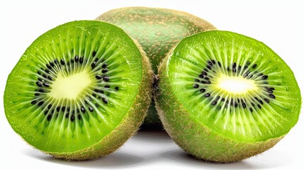 Fototapeta premium A close up shot of a kiwi fruit cut in half with another whole kiwi in the background on white