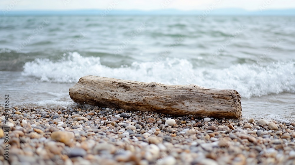 Poster driftwood log rests on a pebble beach with gentle waves washing ashore, creating a serene coastal sc