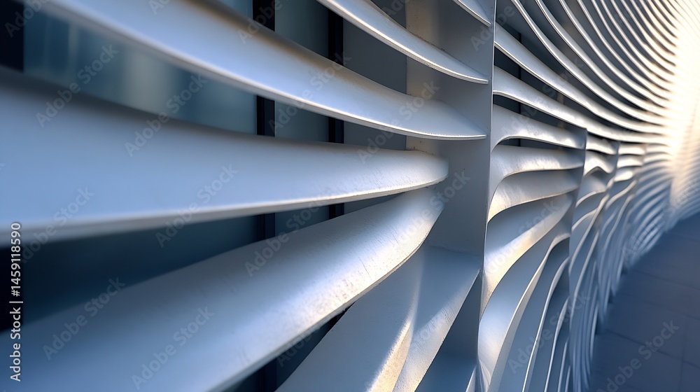 Poster Close-up view of a modern building's exterior featuring a curved, metallic facade with repeating, slatted ventilation panels, creating a dynamic architectural texture. : Generative AI