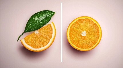 Fresh orange segments and a vibrant leaf on a pastel background.