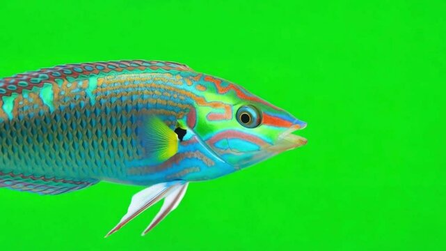 Vibrant Rainbow Wrasse Fish on Green Screen - Profile View