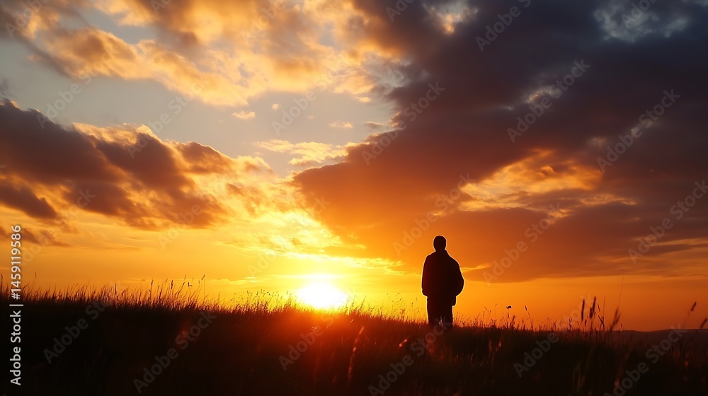 Poster Silhouette of a man standing in tall grass, watching a vibrant sunset with fiery orange and dark clouds in the sky.  The sun is setting behind him, casting a warm golden glow. : Generative AI