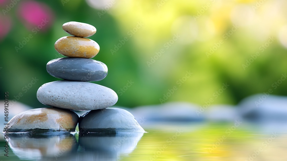 Poster serene stack of smooth stones balanced on calm water, reflecting tranquility in a lush green garden 
