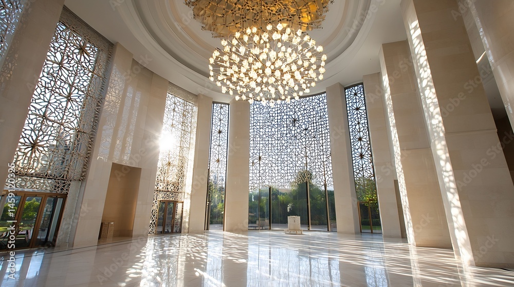 Poster sunlit modern lobby interior with large windows, intricate metal screens, and a grand chandelier, cr
