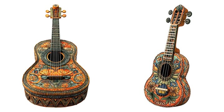 Bajo sexto, bold Mexican string instrument with intricate detail, Crafted Collection 3D illustration, Isolate on white background, commercial use
