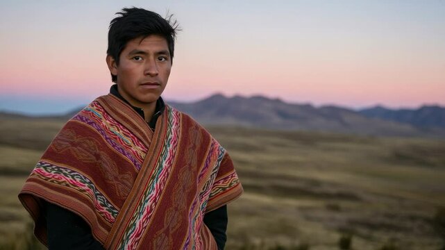 Young Male Andean Indigenous Person in Traditional Attire Against a Scenic Mountainous Landscape at Dusk in a Rural Area