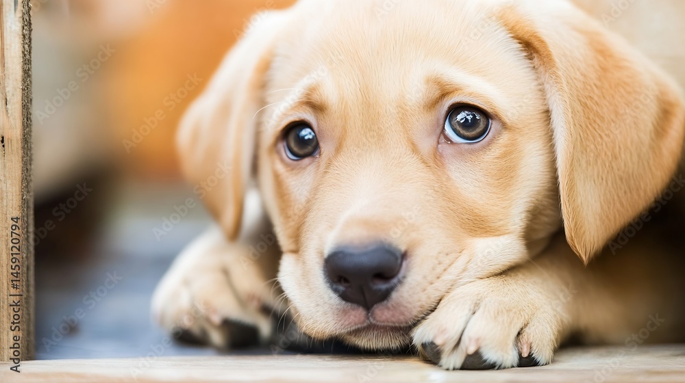 Poster adorable golden labrador retriever puppy resting its head on wooden surface, showing endearing expre