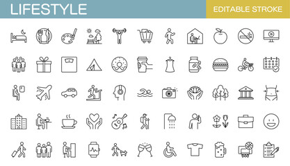 Lifestyle icon set. nutrition, diet, entertainment, personal development, daily routine, and more. Editable stroke. Vector illustration