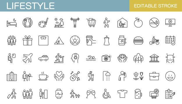 Lifestyle icon set. nutrition, diet, entertainment, personal development, daily routine, and more. Editable stroke. Vector illustration