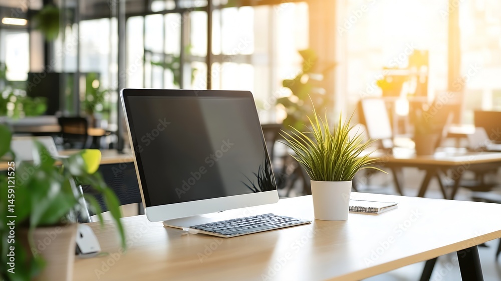 Poster modern office workspace with desktop computer, keyboard, and potted plant on a light wood desk, bath