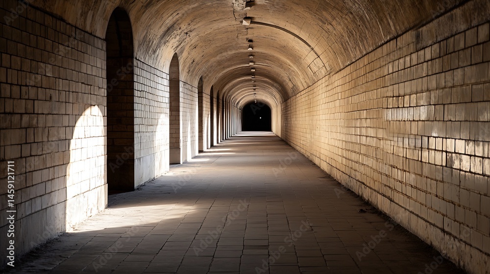 Poster Sunlit arched passageway, long perspective view of a tiled tunnel, sunlight streaming through arched openings, creating shadows on the floor. : Generative AI