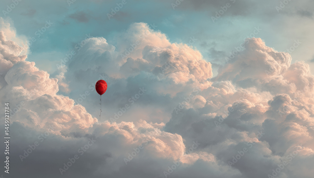 Poster Single red balloon floats gently amidst a vast expanse of fluffy, pastel-colored clouds, creating a serene and dreamy atmosphere.
