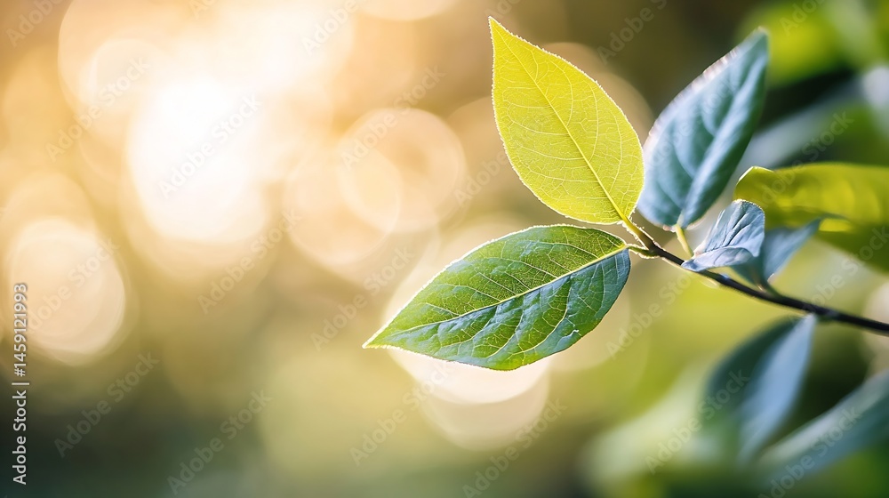 Poster Close-up of vibrant green leaves illuminated by warm sunlight, showcasing intricate leaf veins and a soft bokeh background. : Generative AI