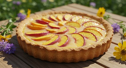 Peach Tart on Wooden Table with Flowers