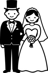 Cartoon Wedding Couple with Top Hat and Bouquet