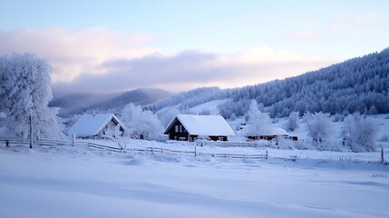Picturesque winter scene: snow-covered houses nestled in a frosty mountain village, surrounded by rime-covered trees under a pale sky. : Generative AI